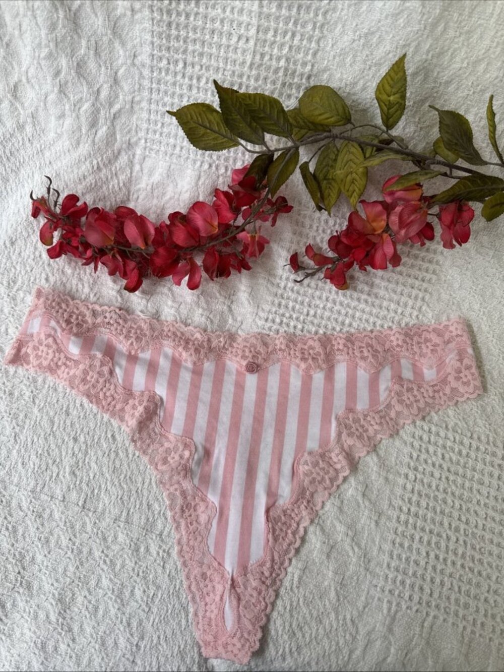VICTORIA'S SECRET XL PINK WHITE STRIPE LACE THONG COTTON BLEND PANTIES NWT